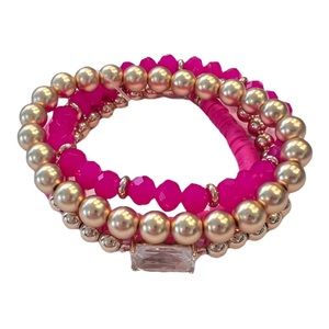 120. Women’s Hot Pink & Gold Puka 4-Strand Stetchy Bracelet Set NWT